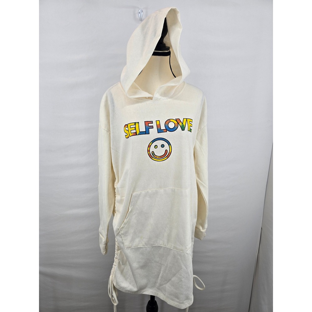Love Streak Self Love‎ Smiley Face Hoodie Dress Cream Rainbow Graphic Large